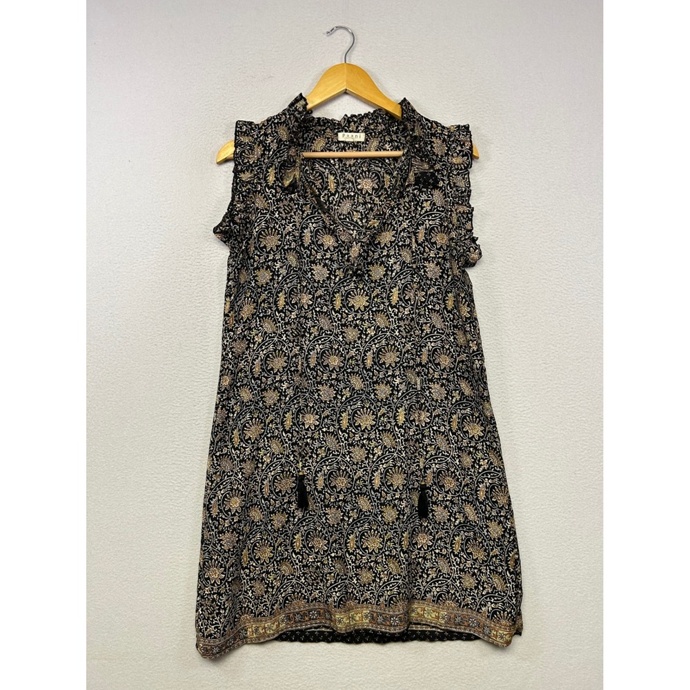 Boho Paani Womens Small Black Gold Floral Paisley Ruffle Tassel Mini Shift Dress